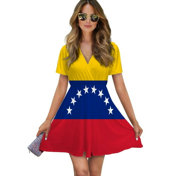 Flag Of Venezuela Women Dress V-Neck Short Sleeve Flowy Swing Party Midi Dress