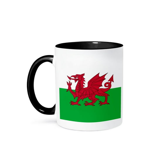 3dRose, Flag of Wales - Welsh red dragon on white and green - Y Ddraig Goch UK United Kingdom Great Britain, 11oz Two-Tone Black Mug