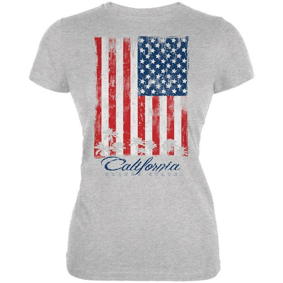 Flag Palm Trees California Golden State Juniors Soft T Shirt Heather LG