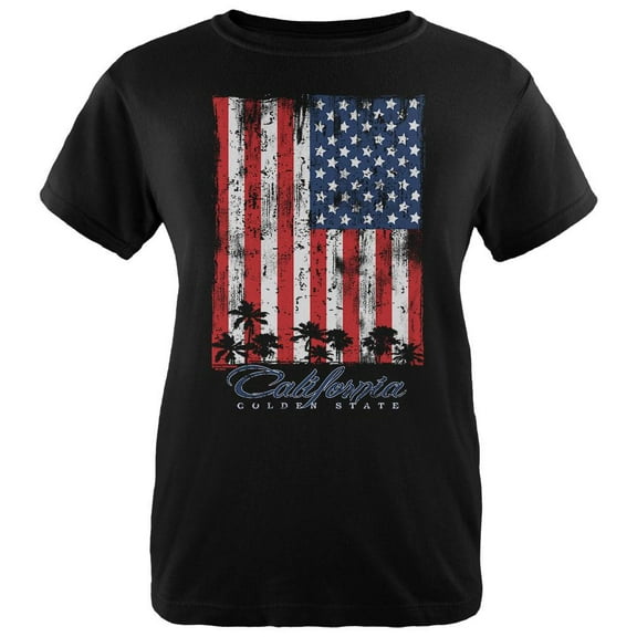 Flag Palm Trees California Golden State Womens T Shirt Black MD