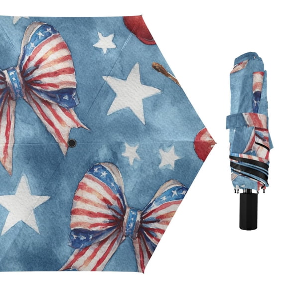 Flag Pattern Bows Stars Cherries Watercolor All Weather Umbrella Triple Folding Parasol 6 Ribs UV Protection Portable