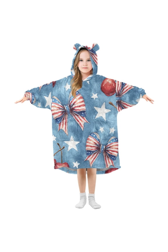 Flag Pattern Bows Stars Cherries Watercolor Flannel Wearable Blankets Hooded Design Long Sleeves Wrap Unisex for 3T-14Y S