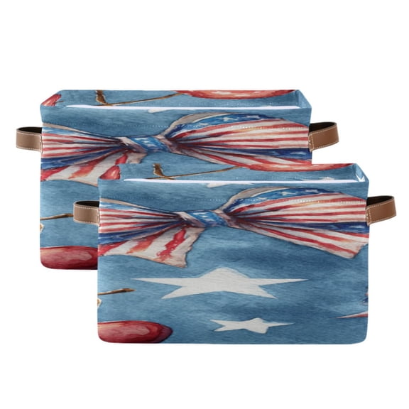 Flag Pattern Bows Stars Cherries Watercolor Square Storage Bins with Handles Collapsible Containing Box 2 Packs