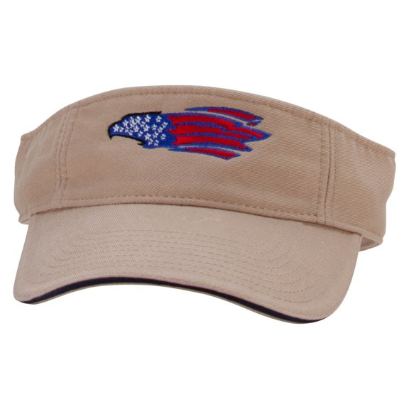 Flag Pattern Eagle Embroidered Pro Style Cotton Twill Washed Visor - Khaki Navy OSFM