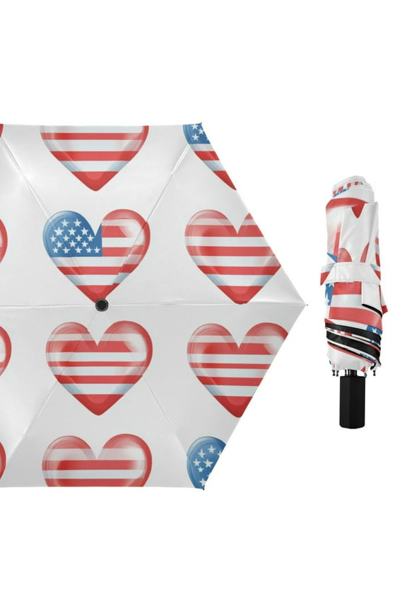 Flag Pattern Hearts Independence Days All Weather Umbrella Triple Folding Parasol 6 Ribs UV Protection Portable