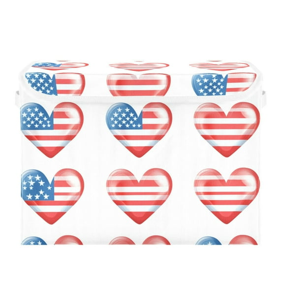Flag Pattern Hearts Independence Days Foldable Storage Bin with Lid and Handle Collapsible Storage Box 16.5 x 12.6 x 11.8 inches