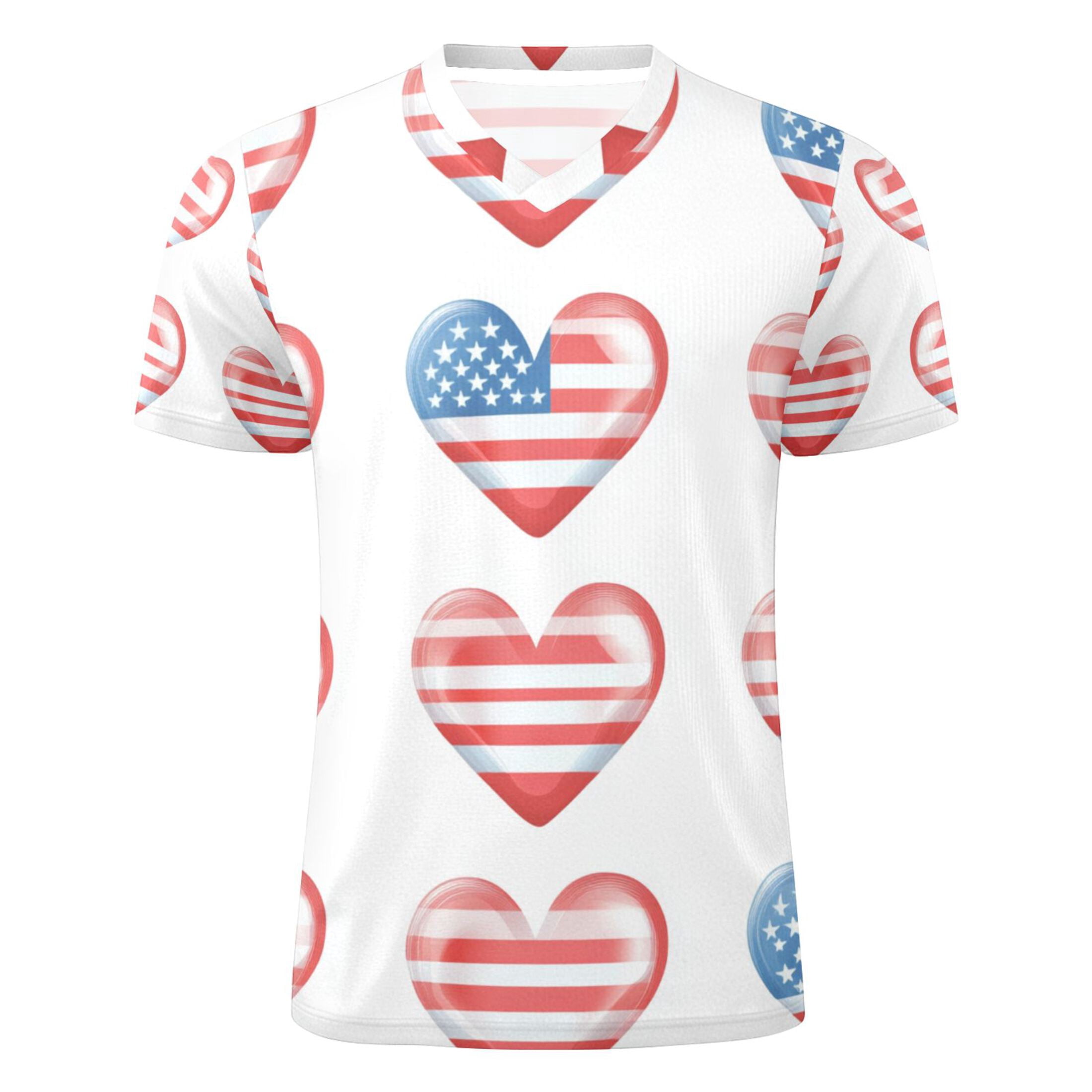 Flag Pattern Hearts Independence Days Men's Sports Jerseys Athletic T-Shirt Football Referee Short Sleeves Shirt S