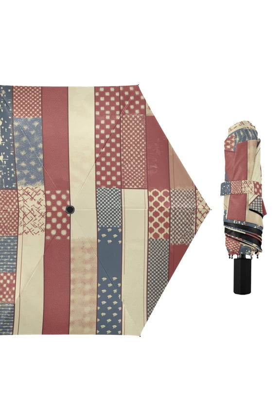 Flag Pattern Patchwork All Weather Umbrella Triple Folding Parasol 6 Ribs UV Protection Portable