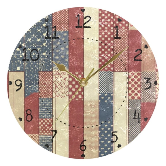 Flag Pattern Patchwork Round Wall Clock Silent Analog Battery Operated Gold Pointer Home Decor 9.84" Diameter
