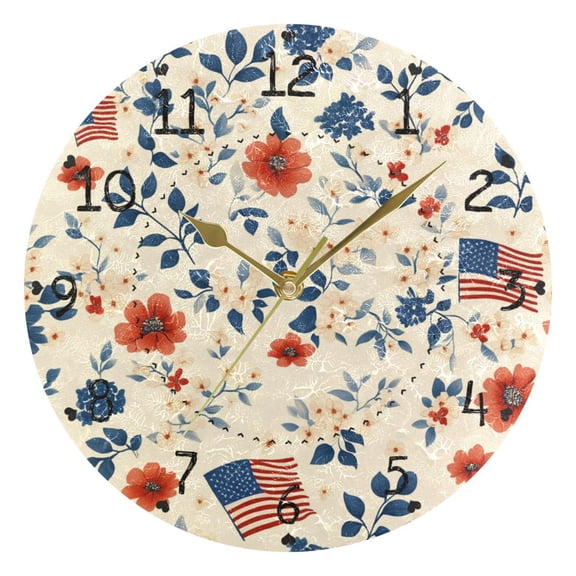Flag Pattern with Red Flowers Leaves Round Wall Clock Silent Analog Battery Operated Gold Pointer Home Decor 9.84" Diameter