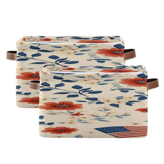 Flag Pattern with Red Flowers Leaves Square Storage Bins with Handles Collapsible Containing Box 2 Packs