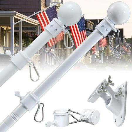 Flag Pole, 6 FT-2PACK Flag Pole Kit for House, 2 No-Tangle Rings Clips, Flag Holder Bracket, Stainless Steel, White