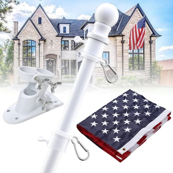 Flag Pole with American Flag - Tangle Free Flag Poles for Outside House with 3x5 Embroidered US Flags,Flagpole Holder Bracket - 6ft Heavy Duty Outdoor Flag Pole Kit for Porch - White