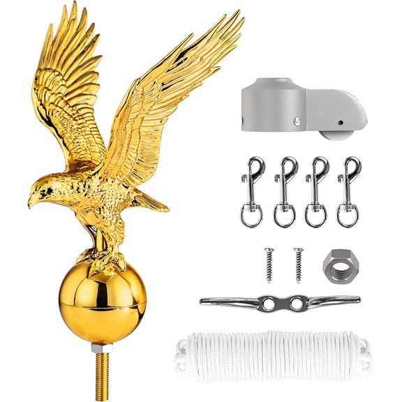 Flag Pole Eagle Topper 11" Gold & Parts Hardware Repair Kit. 50FT Halyard Rope | 4" Zinc Cleat Hook | Flag Swivel Snap Clips | Pulley Truck for 1.6"-2.1" OD Flagpoles(20/25/30FT)