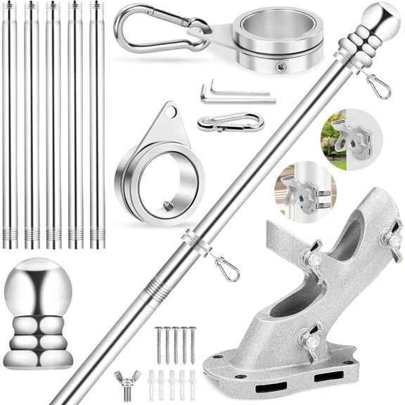 Flag Pole for House, 6 FT Stainless Steel Spinning Kit, 1" Rustproof Porch Flagpole with 360 Tangle Free Metal Rings & 2-Position Bracket Outdoor Sport 3x5 Flags