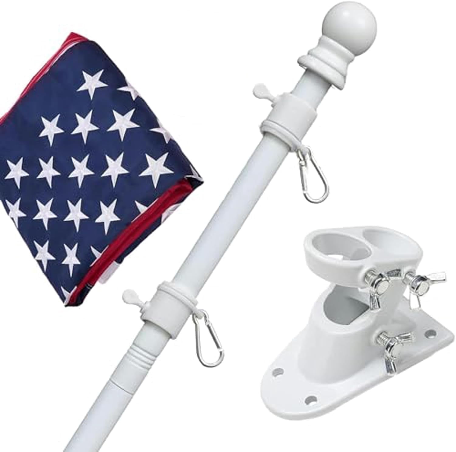 LCOKEIY Flag Pole with Bright 3x5 Embroidered US Flag with Brakets, Tangle Free Rustproof Flagpole Kit for House Yard, 5ft, White