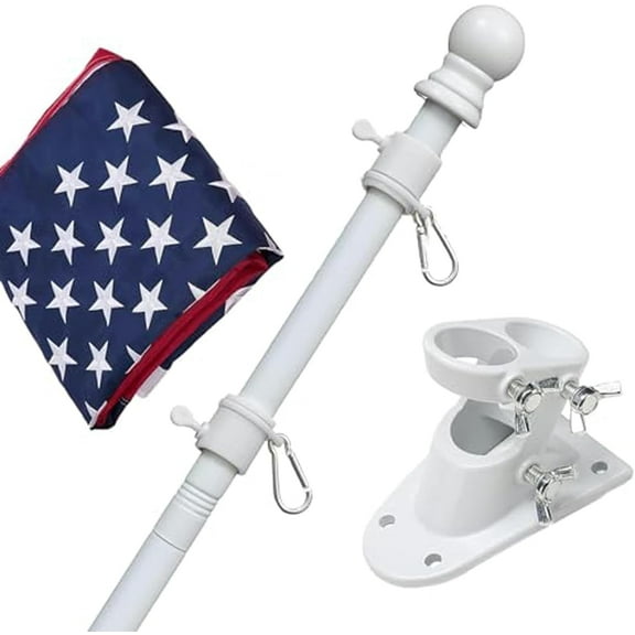 LCOKEIY Tangle Free Flag Pole with Bright 3x5 Embroidered US Flag & Brakets for House Yard, 5ft, White