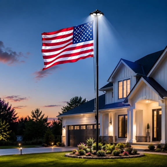 Flag Pole Kit, 20Ft Sectional Aluminum, with 136 LED Solar Light, Outdoor In Ground, Black