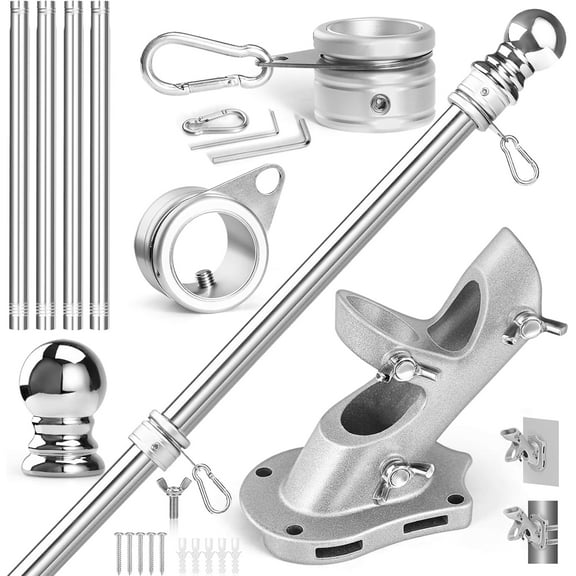 Flag Pole Kit- Stainless Steel 5 FT Flag Poles with1 Inch Metal 360° Rotating Flag Pole Rings Clip, Two-Position Flag Pole Holder Brackets Mounting for Outside House Outdoor Porch(5 FT - Sliver)