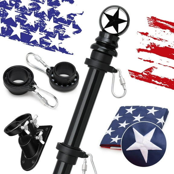 Flag Pole Kit with 3x5 Embroidered American Flag，Includes Bracket, 5FT Upgraded Tangle Free Design, for Commercial Outdoor House, Black