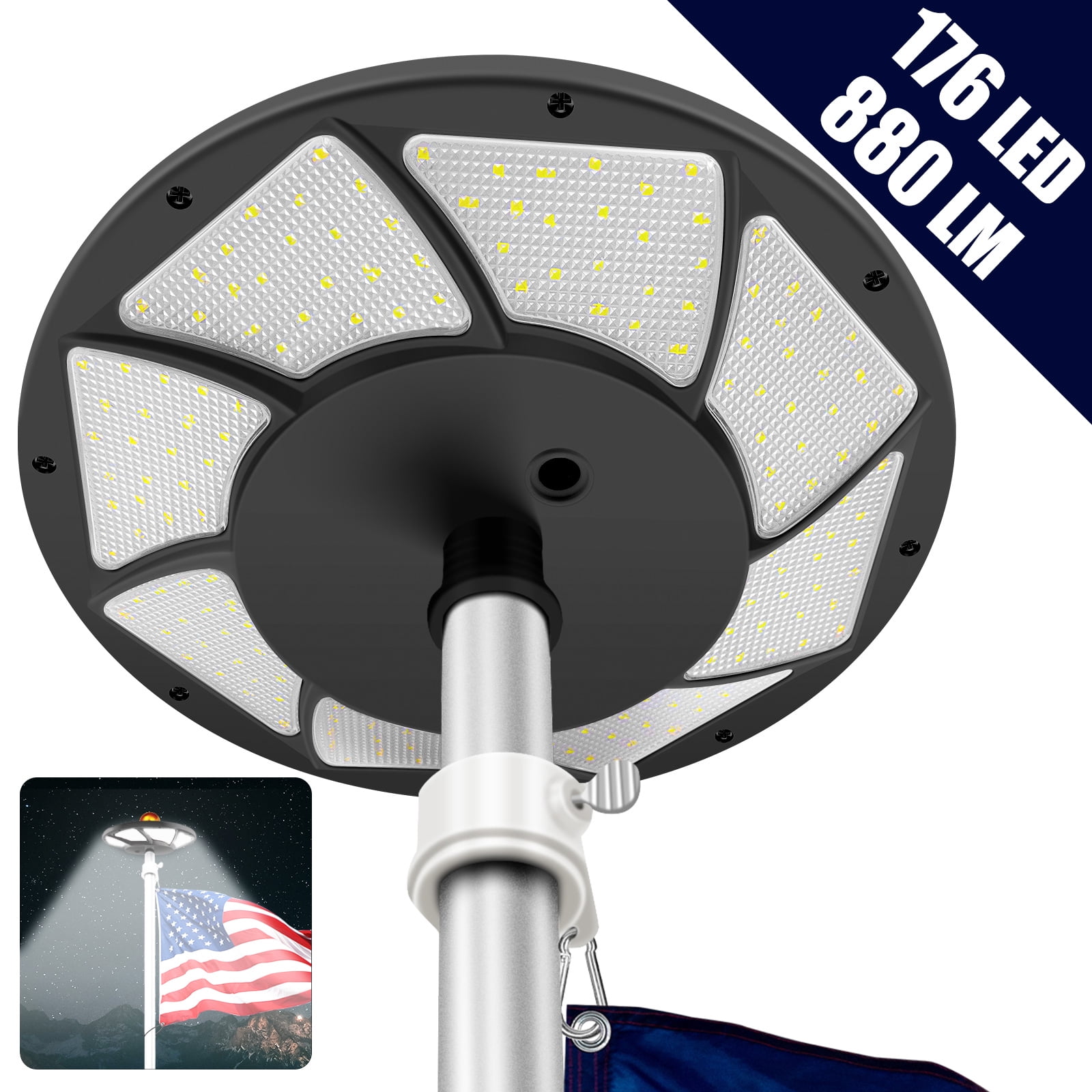 Flag Pole Light Solar Powered 176 LED, 880 Lumens 6800MAH Downlight