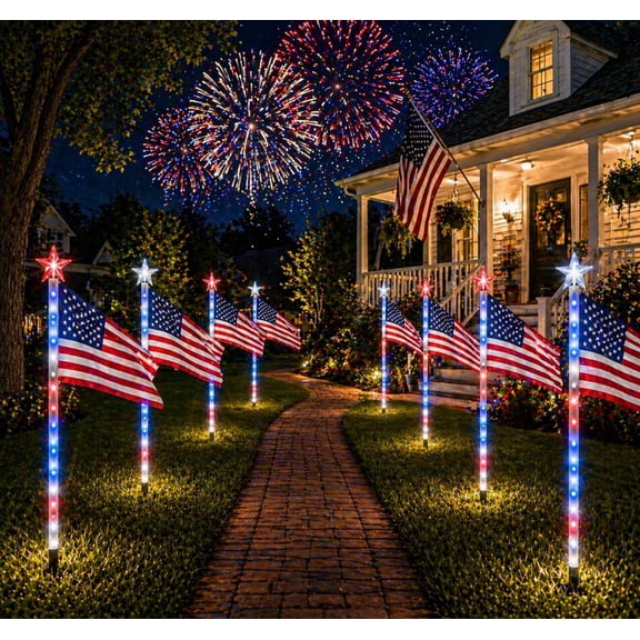 Flag Pole Light Solar Powered, 8PCS Solar American Flag Pathway Lights Outdoor, 4th of July Decorations Outdoor Waterproof LED Stake Lights for Yard Walkway Patio Garden