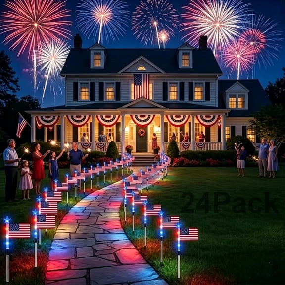 Flag Pole Light Solar Powered, 8PCS Solar American Flag Pathway Lights Outdoor, 4th of July Decorations Outdoor Waterproof LED Stake Lights for Yard Walkway Patio Garden