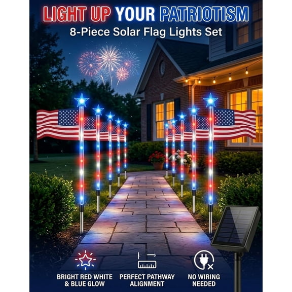 Flag Pole Light Solar Powered, 8PCS Solar American Flag Pathway Lights Outdoor, 4th of July Decorations Outdoor Waterproof LED Stake Lights for Yard Walkway Patio Garden