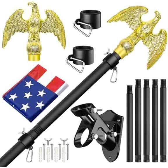 Flag Pole for Outside House, Outdoor Black Heavy Duty Porch 6 FT Flag Pole Kit, for Residential or Commerical, Tangle Free Flagpole (Include American 3 X 5 Flag, Wall Mount Holder, Eagle Shaped Head)