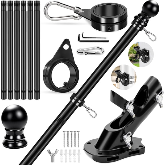 Flag Pole for Outside House Porch Wall Mount, 7 FT 1" No Tangle Stainless Steel Spinning Flagpole Kit with 360 Metal Flag Pole Rings Clips & 2-Position Holder for 3x5' 4x6' American Flags
