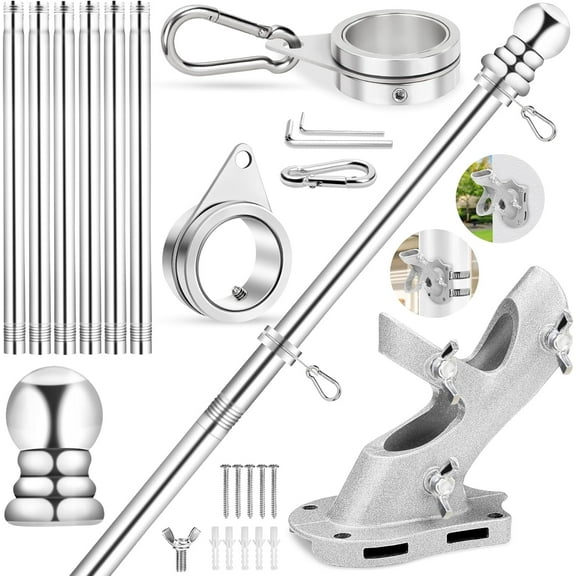 Flag Pole for Outside House Porch Wall Mount, 7 FT No Tangle Stainless Steel Spinning Flagpole Kit with 1" 360° Metal Flag Pole Rings Clips & 2-Position Holder for 3x5' 4x6' American Flags