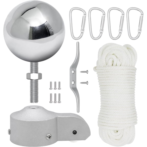 Flag Pole Pulley and Rope kit for 2" to 2.6" Diameter Flag Poles, 50FT Rope, 3.5" Flag Pole Topper, Cast Aluminum Flag Pole Truck, Metal Snap Clips and Cleat(Silver)