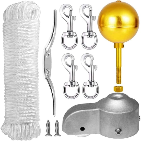 Flag Pole Repair Kits, 3" Topper Gold Ball/50 Ft Halyard Rope/6" Cleat Hook/4-Count Swivel Snap Hooks/Flagpole Pulley, Durable, Wind Resistant Professional Flagpole for House Estate, and Commercial