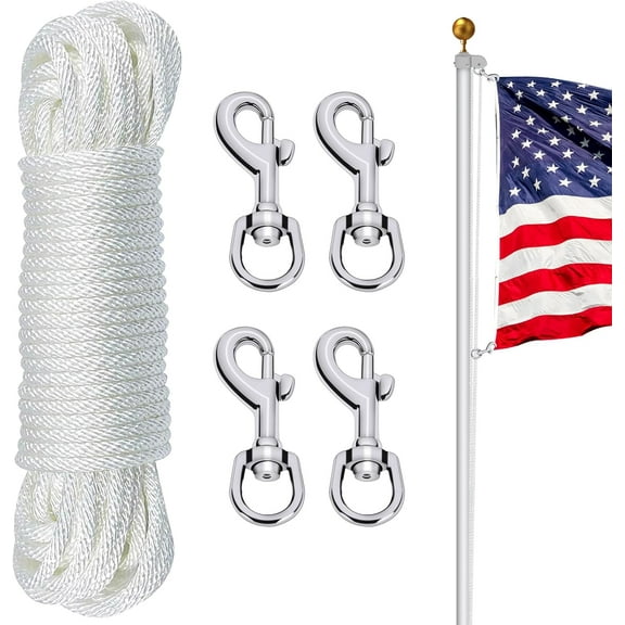 Flag Pole Rope Line Kit-50FT x 1/4"Diameter Nylon Flag Pole Halyard Rope with 4 Pcs Swivel Snap Clips Hooks Fits Flagpole Up to 25FT, Outdoor Flagpole Camping Pet Tent Hardware Accessories (White)