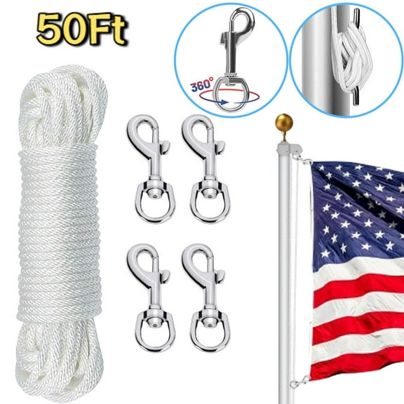 Flag Pole Rope Line Kit-50FT x 1/4"Diameter Nylon Flag Pole Halyard Rope with 4 Pcs Swivel Snap Clips Hooks Fits Flagpole Up to 25FT, Outdoor Flagpole Camping Pet Tent Hardware Accessories
