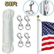 Flag Pole Rope Line Kit-50FT x 1/4Diameter Nylon Flag Pole Halyard Rope with 4 Pcs Swivel Snap Clips Hooks Fits Flagpole Up to 25FT, Outdoor Flagpole Camping Pet Tent Hardware Accessories