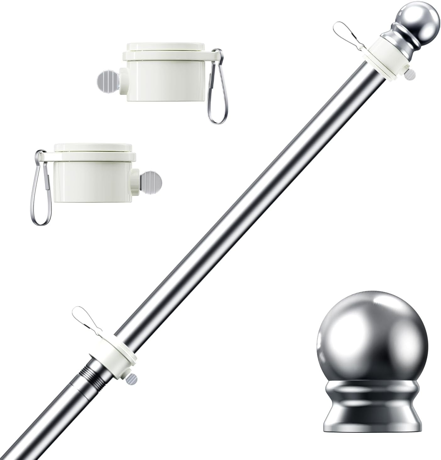 Flag Pole, Tangle Free Spinning Stainless Steel Rustproof Flagpole for 3x5 Sports Fan Outdoor Flags for Outside House (Silver, 5FT, Without Bracket)