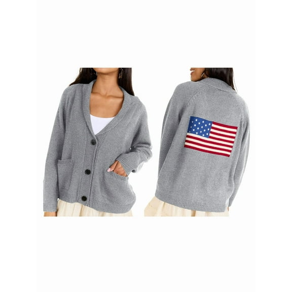 Flag Print Cardigan Casual Loose Long Sleeve V-Neck European and American Sweater Chunky Cardigan Grey S