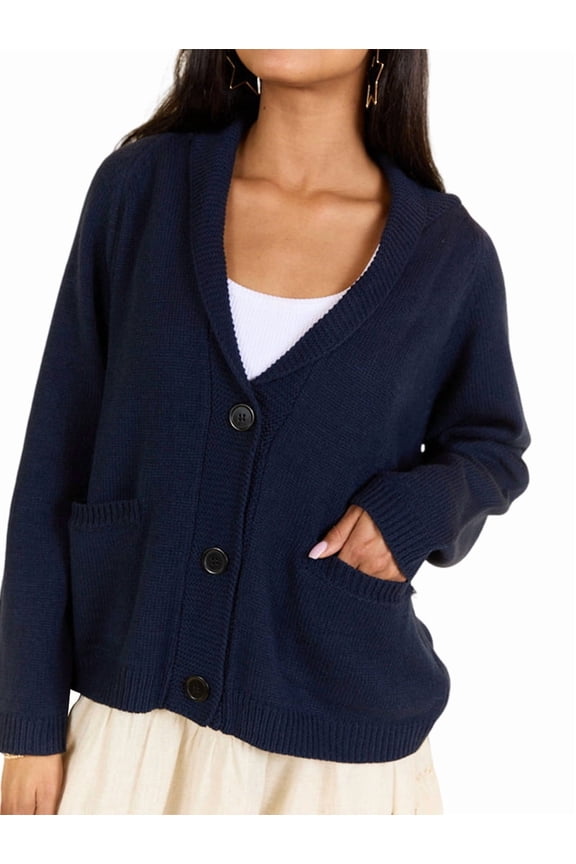 Flag Print Cardigan Casual Loose Long Sleeve V-Neck European and American Sweater Chunky Cardigan Navy Blue L