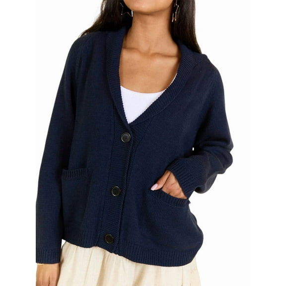 Flag Print Cardigan Casual Loose Long Sleeve V-Neck European and American Sweater Chunky Cardigan Navy Blue M