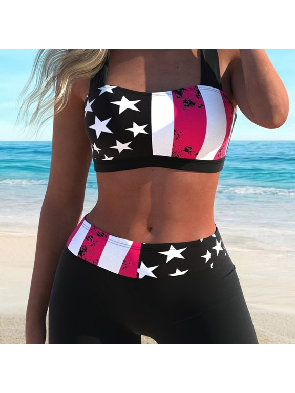Flag Print High Waisted Bikini Set, Independence Day Swimwear for Vacation & Party