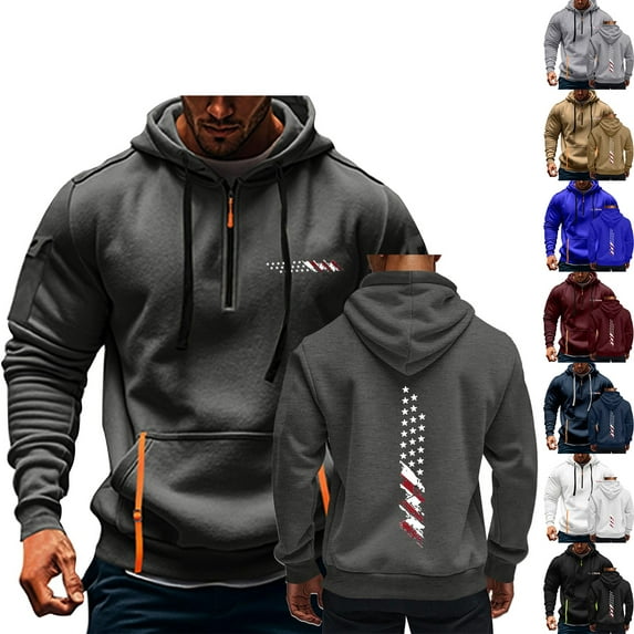 Flag Print Zip-Up Hoodie for Men, Big & Tall Casual Pullover for Sports, Fall Spring Patriotic Streetwear,Navy,XL