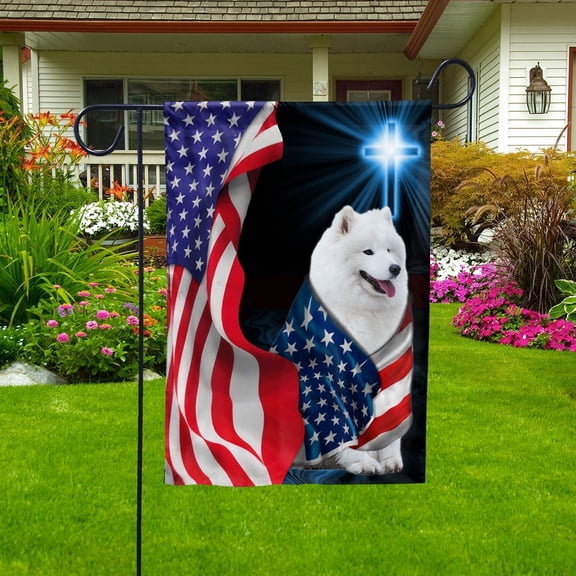 Samoyed Dog Christian Faith Cross USA Patriotic Garden Flag, Double-Sided Outdoor Yard Decor 11.5 x 17.5 Inch