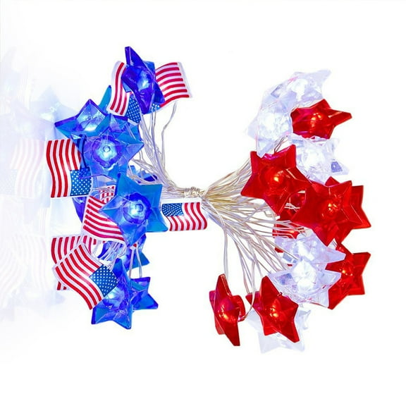 Flag Shaped Copper Wire Light String ,Constant Light Mode Red White Blue Star LED Lights for 4th of July, Battery-Powered, 78 in