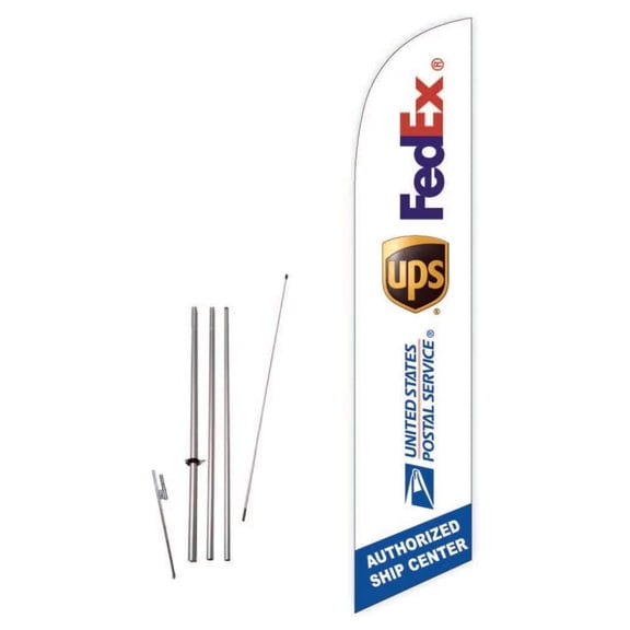 Flag Sign for UPS USPS Authorized Ship Center (White) with Complete 15ft Pole kit and Ground Spike
