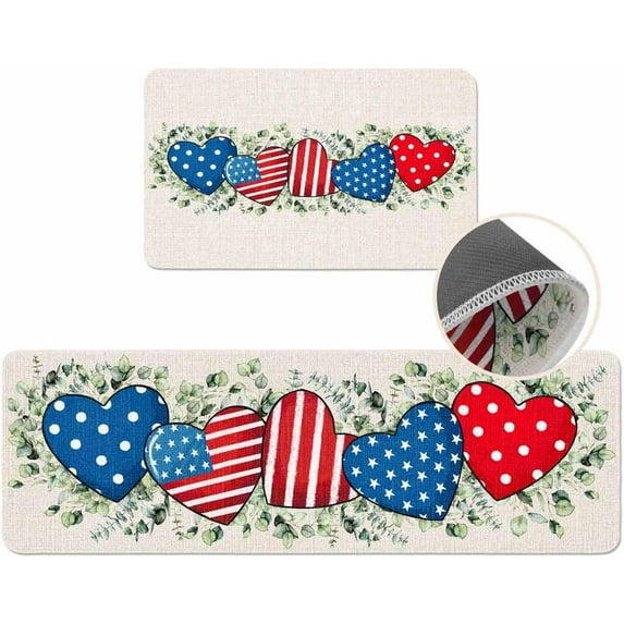 Flag Stars Stripes Kitchen Mat 2 Piece 4th of July Kitchen Rugs Non Slip Heart Star Eucalyptus Leaves Mats, Patriotic Soft Runner Rug Water Absorbent Star loor Mat for Sink 17"x30"+17"x47"