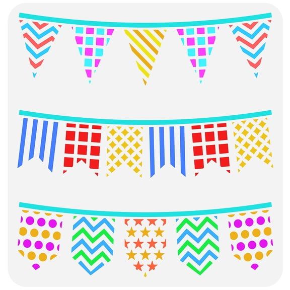 Flag Stencil 11.8x11.8inch Square Bunting Painting Stencil 3 Row Flags Stencil Triangle Flag Template Pentagon Flag Stencil Hollow Out Template