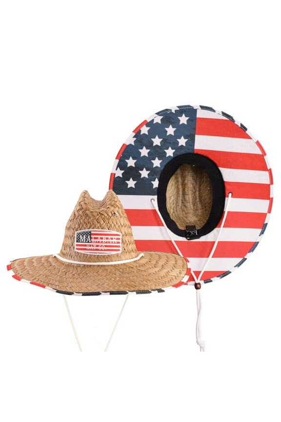 Flag Sun Hat, Men's Straw Hat with Fabric Pattern Print Lifeguard Hat, 4th of July, Boating, Fishing, Beach, Ocean, and Outdoor, Summer, Fits All, Malabar Hat Co