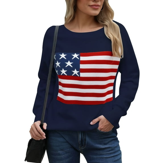 Flag Sweaters for Women Y2K American Flag Memorial Veterans Independence Day Crewneck Fall Winter Knitted Stried Sweaters Warm Long Sleeve Jumper Tops Alsol Lamesa