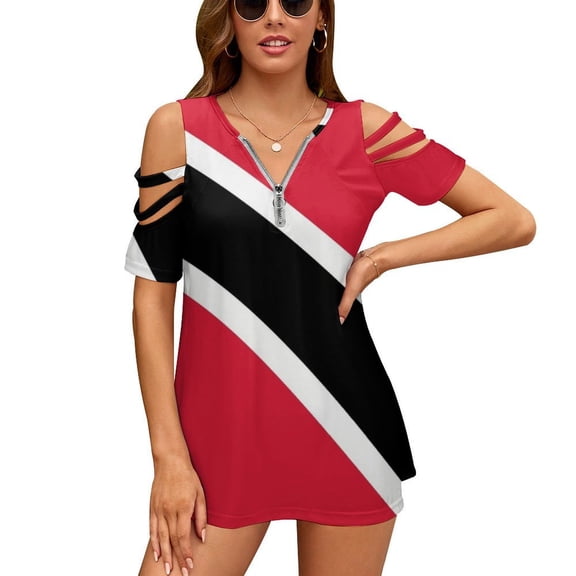 Flag Trinidad Tobago Womens Summer V Neck Zipper Top Short Sleeve T Shirt Off Shoulder Top Casual Classy Loose Shirts